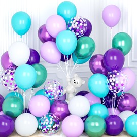 Mermaid Party Balloons, Ousuga 30 pcs 12 Inch Matte Pastel Dark Purple Teal White Metallic Green Confetti Latex Balloons Set for Girls Princess Mermaid Theme Birthday Baby Shower Wedding Party Decors