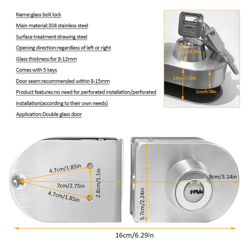 Fits on 1/2" Glass,10 mm -12 mm, Glass Door Lock,