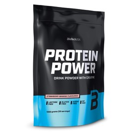 BioTechUSA Protein Power - High Protein Content, Sugar-Free, Lactose Free, Gluten Free | With Added Creatine, 1 kg, Strawberry Banana