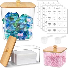 MYITYARD 3-Pack Laundry Pods Container, Clear Powder Detergent Storage with Bamboo Lids, Labels & Scoops - Dryer Sheet Holder for Laundry Room Organization