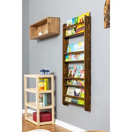 Handmade Solidwood Wall Mounted Montessori Kids Bookshelf, 4 Tier Book Display for Children Bedroom, Nursery Furniture Bookcase, Wood Pine Tree Book Organiser for Living Room (Walnut)
