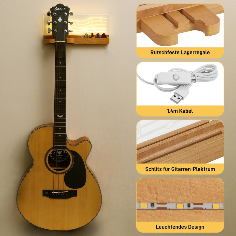 JIZZU Guitar Wall Mount, USB Powered LED Luminous Wooden Guitar