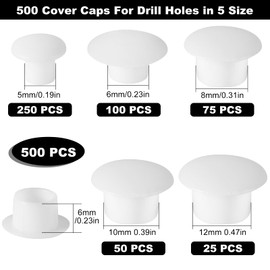 VEPEPE 500 PCS White Plastic Hole Cover Caps, 5/6/8/10/12 mm Screw Plugs for Cabinet Furniture Locking & Blanking