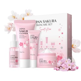Sakura Skin Care Sets & Kits for Teenage Girls, 4 Piece Cherry Blossom Skincare Gift Set, Skin Cleaning & Care Kit with Cleanser, Serum, Face Cream, Eye Cream