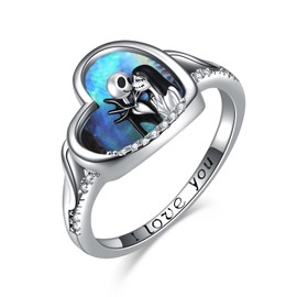 LILALO Nightmare Rings Sterling Silver Abalone Shell Jack and Sally Rings Jack Skellington Jewelry Christmas Gifts for Women Skull Jewelry Heart Rings Birthday Gifts for Women Wife Daughter (9)