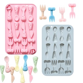 Tableware Chocolate Candy Fondant Silicone Molds, 12 Hole 3D Spoons and Forks Candy Shape Molds，DIY Cookies Candy Gummy Chocolate molds Ice Cream Tray for Holiday Party Thanksgiving Day(2 Pack)