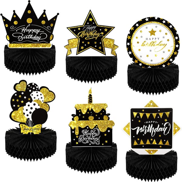 6 Pieces Black Gold Birthday Decorations Birthday Centerpieces for Tables Decorations Happy Birthday Honeycomb Table Topper Happy Birthday Decorations for Men and Woman Birthday Party Supplies