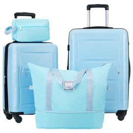 Merax Luggage Set Hardside Suitcase Bag, Light Blue, 20/24 Inch + Cosmetic & Handbag