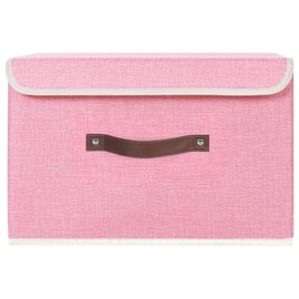ANMINY Storage Bin with Lid Storage Boxes with PU Leather Handles PP Plastic Board Decorative Foldable Lidded Cotton Linen Fabric Home Cubes Baskets Closet Organizer Container - Pink, Large Size