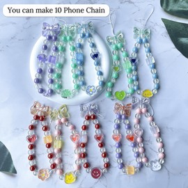 SHUANGART 252 Pcs Phone Chain Beaded Making kit, Cell Phone Charms Lanyard Wrist Strap Set with Acrylic Assorted Pastel Beads Butterfly Flower Heart Candy Round Beads for Women DIY Bracelet Keychain