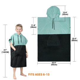 Zingtto Hooded Towels for Kids, Surf Poncho Robe 6-13 Years Beach Towel Large Kids Hooded Bath Towels Thick Wrap Robe for Girls Boys Black Teal