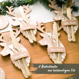 Papierdrachen Set of 4 Felt Cutlery Holders – Deer Motif – Brown with High-Quality Print – Christmas Decoration – Festive Table Decoration – Set of 7