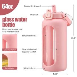 BLUEGO 64oz Glass Water Bottle with Handle and Straw, Motivational Sports Water Bottle with Time Marker and Silicone Sleeve Leakproof Drinking Bottle for Travel Gym Workout, Pink