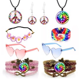 10Pcs Schlagermove Accessoires Hippie Accessoires Schlagermove 70er Jahre Accessoires Peace Kette, Ohrringe, Stirnband, Brillen,Armbänder für Damen Herren 70/80/90er Jahre Party Karneval Retro-Partys