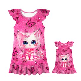 LQSZ Matching Doll and Girls Nightgowns Pink Cat Flutter Short Sleeves Nightie Pajamas for Girls & 18" Dolls Clothes 7 8t