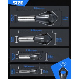 COMOWARE 4pcs TiAIN Coated Chamfer Tool M35 Chamfer Bit 90-Degree Countersink Drill Bit Set for Wood & Metal, Heavy Duty Countersink Bit SAE 1/4"-3/4", 2-5, 5-10, 10-15, 15-20mm