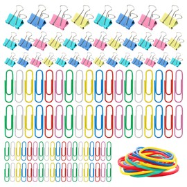 Paper Clips, Colourful Foldback Clips, Rubber Bands, Pack of 240, Various Sizes, Paper Clips, Office Supplies Set, Metal Folding Clips with Box for Paper Work for School, Home Supplies
