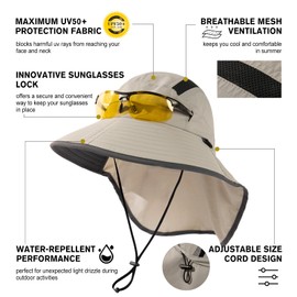 TOP-EX M/L/XL/XXL Unisex Mens Sun Hat with Neck Flap Sunglass Lock UPF 50 Wide Brim Fishing Hats Hiking Safari Hat Waterproof & Packable Light Grey L/XL