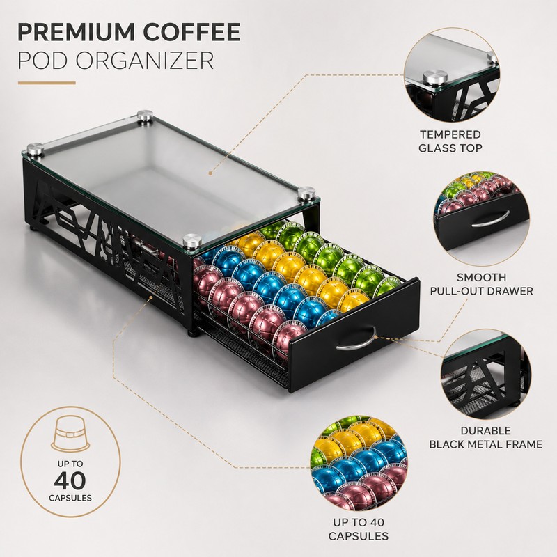 Coffee Pod Holder Drawer with Glass Top – Sleek Black