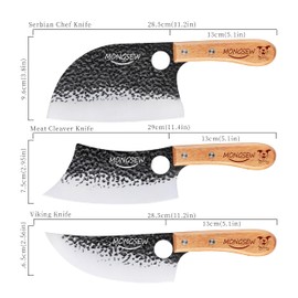 MONGSEW 3PCS Butcher Viking Knife Set, Hand Forged 7" Serbian Chef Knife, 7" Butcher Meat Cleaver, 6.5" Viking Knife (Smile Dog Pattern)