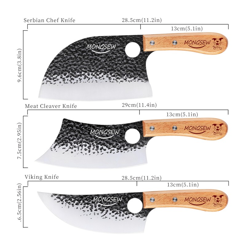 MONGSEW 3PCS Butcher Viking Knife Set, Hand Forged 7" Serbian