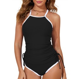 Aleumdr 2 Piece Tankini Swimsuits for Women Color Block Tummy Control Bathing Suit Halter Tankini Tops with High Waisted Shorts Womens Swim Suit 2024 Black Large