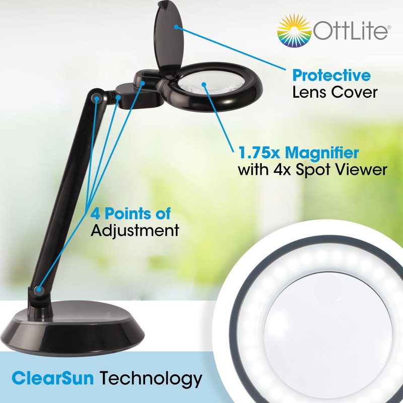 OttLite Space Saving Magnifier LED Desk Lamp, Optical Grade Magnification,