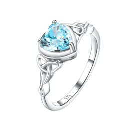 RANDES 925 Sterling Silver Aquamarine Rings for Women March Birthstone Ring Celtic Heart Shaped Ring Size 9