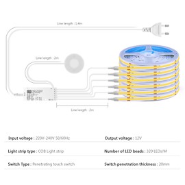 CHNMALITAI 12 V COB LED Strip, 6 Pieces 2 m Warm White COB LED Strip Light with Touch and Hand Sweep Dimmer Switch for Cabinet Display Cabinet Kitchen Lighting (Warm White, 2 m)
