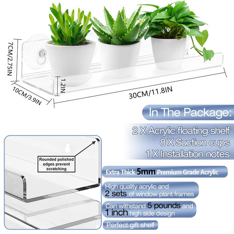 Skewo 2 Pack 12 Inch Acrylic Window Boxes Plant Shelves,