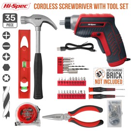 Hi-Spec 35pc Red tool kit with 3.6V USB Electric Screwdriver and drill set. Complete basic tool set