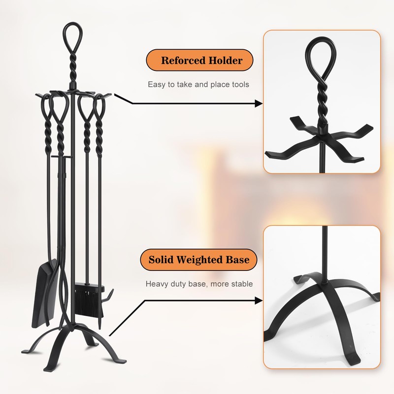 Gtongoko 35 Inch Fireplace Tools Set 5 Pcs Black Wrought