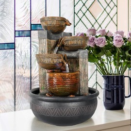 Agoodping Relaxtion Tabletop Fountain with LED Lights-Desktop Waterfall Fountain Submersible Pump Indoor Home Office Decoration(15.7inch, Brown)