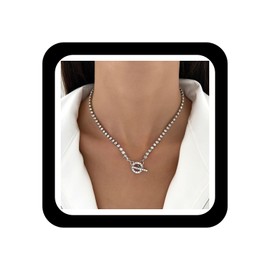 Zeshimb Diamond Tennis Choker Necklace Bling Cubic Zirconia Toggle Clasp Necklace Cz Tennis Chain Necklace OT Buckle Crystal Chain Necklace Jewelry for Women Men