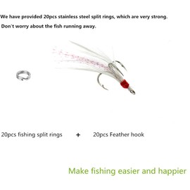 Fishing Treble Hooks Feather Dressed: 20pcs/Box White Feathered Treble Hook Size 8 with Split Rings Replacement for Fishing Lure Spinner Spoon Crankbait Making