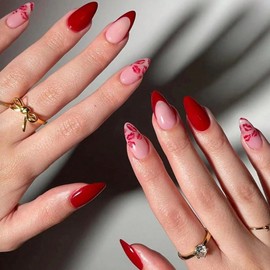 Valentines Press On Nails Almond Medium - Heart Press On Nails, Valentines Fake Nails with Red French Lip Print Design,Artificial Valentines Nails Stick On Nails for Women-24Pcs