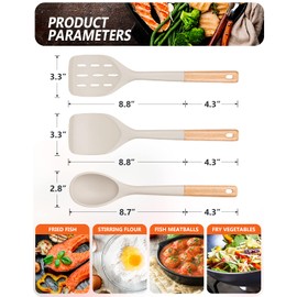 Pack of 3 Silicone Spatula, Non Stick Cooking Utensil Set Wooden Handle Kitchen Turner for Baking Mixing Grilling Serving Food Heat Resistant Non Scratch Hooks Included,Khaki