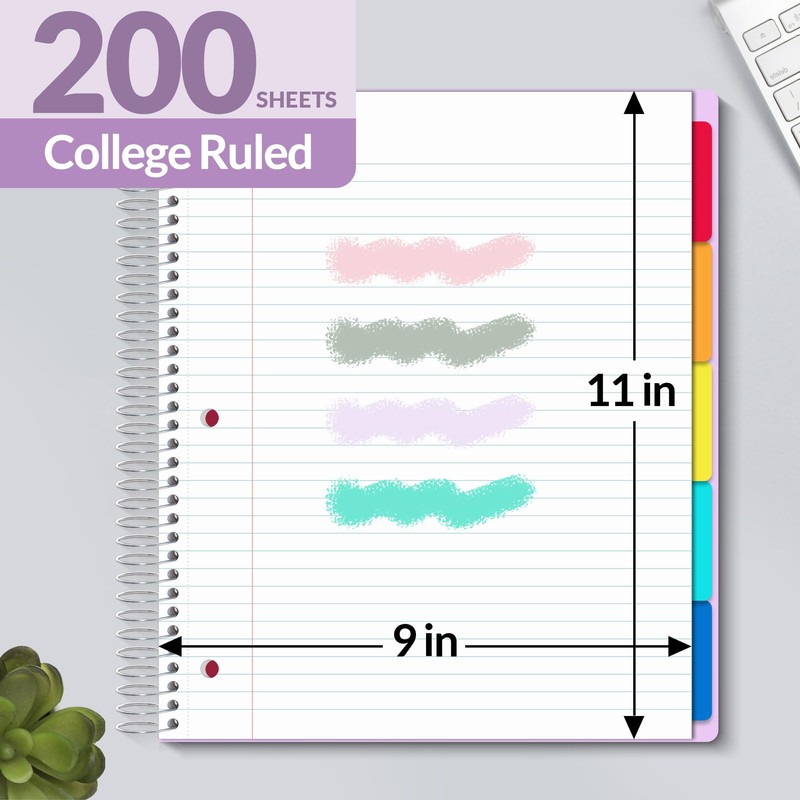 SUNEE 5 Subject Notebook College Ruled - 400 Pages, 9"x11",