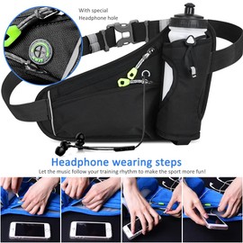 Tyuodna Running Belt with Water Bottle Holder,Ultra Light and Waterproof Waist Pack, with Reflective Strips and Headphone Hole Ideal Adjustable for Exercise, Travel Hiking & Outdoor (Black+Bottle)