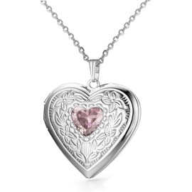 Birthstones Locket Necklace that Holds Pictures Love Heart Photo Locket Crystals Necklace Pendant Birthday Gifts (June)