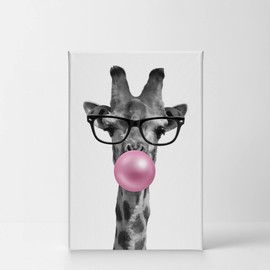Smile Art Design Cute Giraffe with Glasses Animal Decor Bubble Gum Art Pink Canvas Print Black and White Wall Art Home Decor Nursery Room Decor Stretched Ready to Hang Made in The USA 12x8