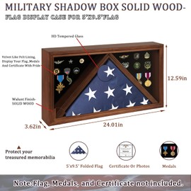 Large American Veteran Flag Display Case Solid Wood Memorial Flag Display Case with HD Tempered Glass for 5' X 9.5' Folded Burial Flag Military Flag Display Case, Rectangle-Walnut
