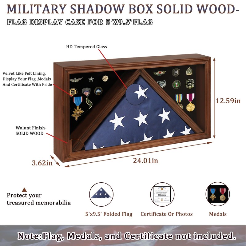 Large American Veteran Flag Display Case Solid Wood Memorial Flag