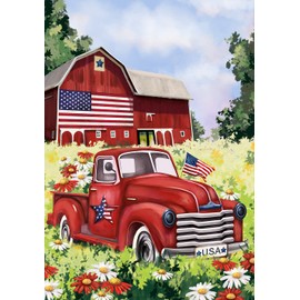 Texupday America Patriotic Red Truck Floral Daisy House Decoration Spring Summer Garden Flag USA Independence Day July 4th Outdoor Yard Flag 12" x 18"