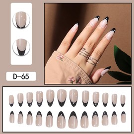 Press on Nails Black fake Nails Stick on Nails Acrylic Nails rhinestonesArtificial Nails for Women Girls 24Pcs DIY Manicure Reusable (A)