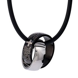 DonDon Rubber Necklace with Two Stainless Steel Rings with Cross Engraving in Black Velvet Bag, Stainless Steel Stainless steel Rubber, No Gemstone