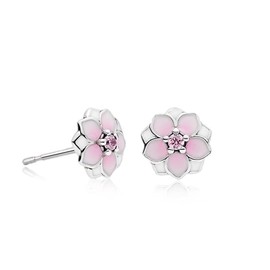 QLYOVWE Pink Flower Stud Earrings for Women 925 Sterling Silver Stud Earrings Hypoallergenic Boho Cherry Blossom Flower earrings Silver Flower Stud Earrings (Pink)