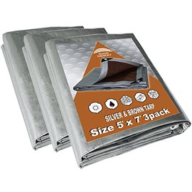 Tarps Heavy Duty Waterproof 5x7 Feet (3 Pack), 10Mil Multipurpose Small Tarp Cover with Metal Grommets and Reinforced Edges , Silver/ Brown Tarp by RAINDEWAY
