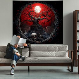 Atrippy Halloween Black Red Anime Tapestry, Gothic Dark Forest Moon Wall Hanging, Nature Skull Withered Tree Landscape Tapestries for Bedroom Living Room Men Dorm 51x 60 Inches