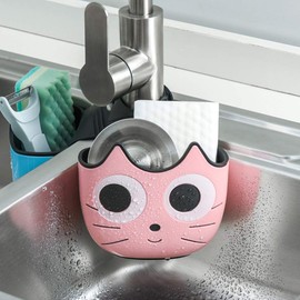 QTMY - Juego de 2 esponjas para gato con hebilla, soporte para llave de fregadero para colgar, cepillo para polvo de jabón, organizador de computadora para cocina, baño, color rosa y verde